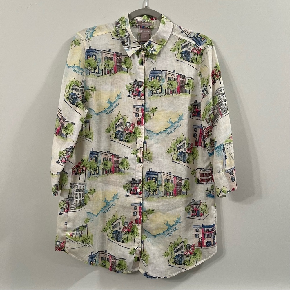 Women’s Chico’s linen White House novelty print button down blouse size medium M